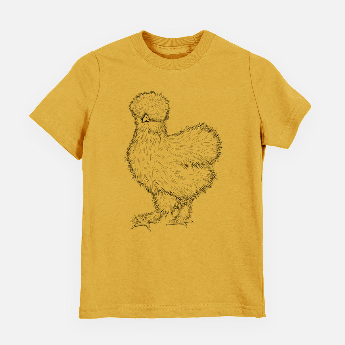 Honeycomb yellow youth t-shirt laid flat, printed with a black ink illustration of a fluffy silkie chicken.