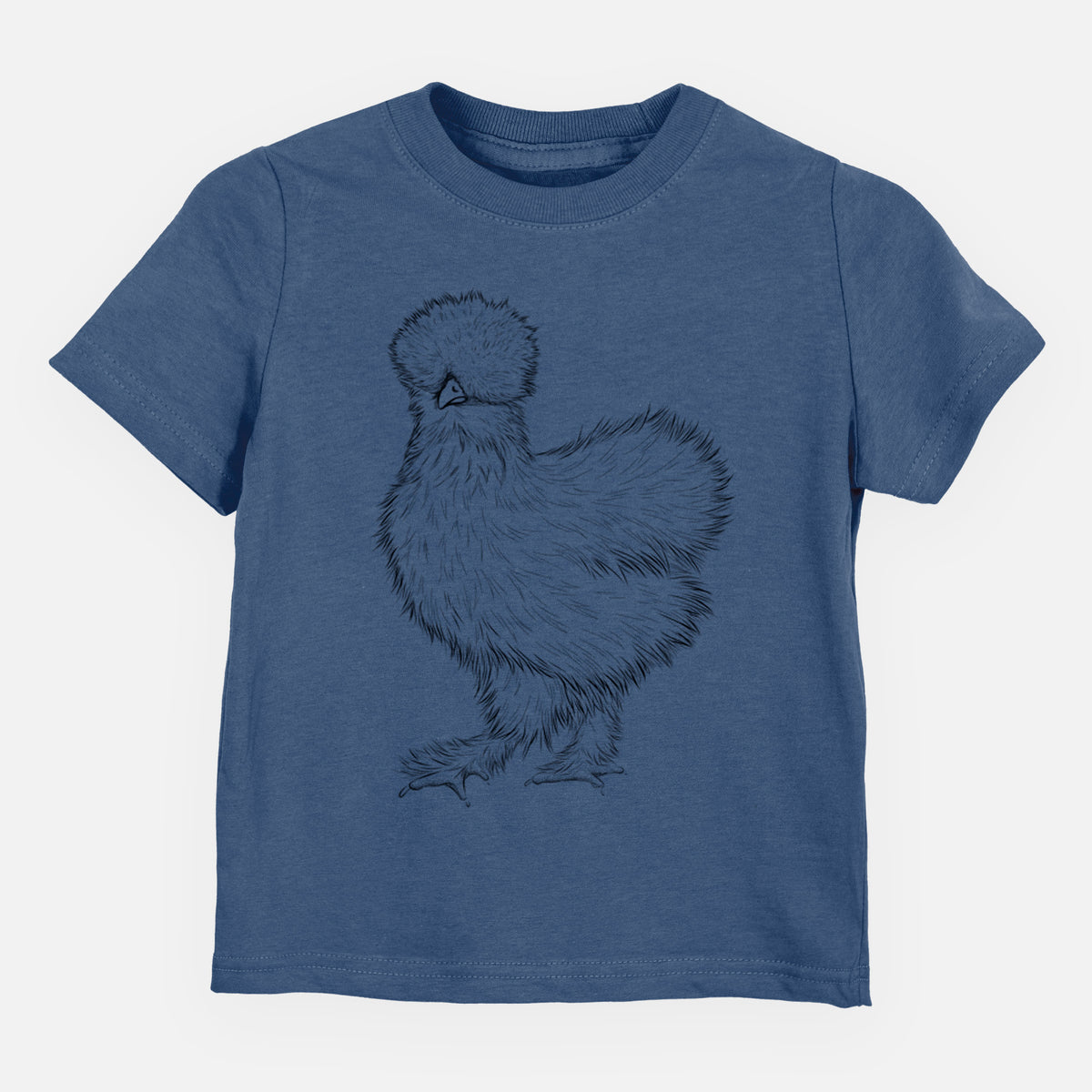 Indigo blue toddler t-shirt laid flat, printed with a black ink illustration of a fluffy silkie chicken.