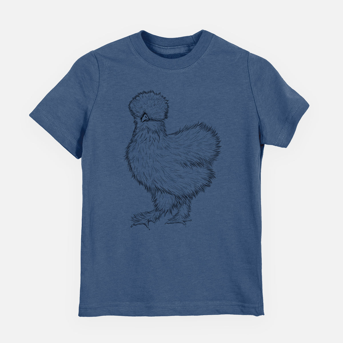 Indigo blue youth t-shirt laid flat, printed with a black ink illustration of a fluffy silkie chicken.
