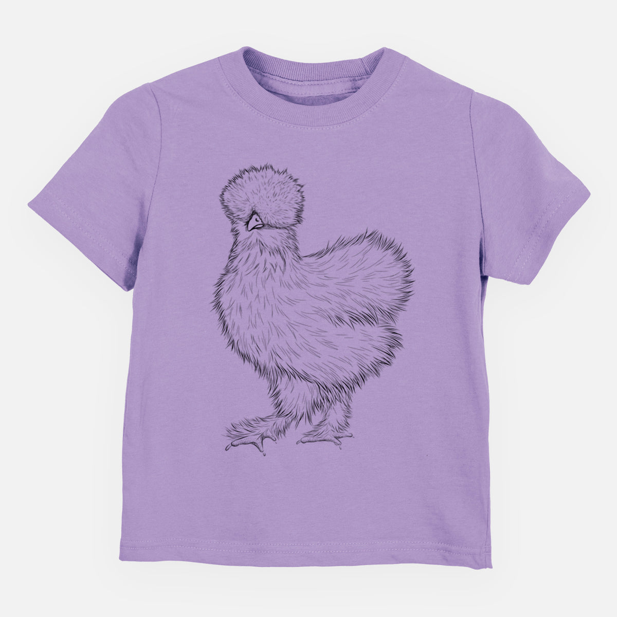 Lavender toddler t-shirt laid flat, printed with a black ink illustration of a fluffy silkie chicken.