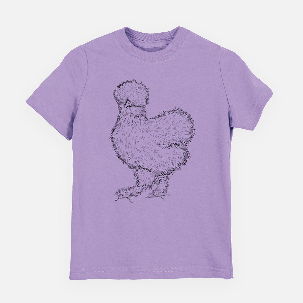 Lavender youth t-shirt laid flat, printed with a black ink illustration of a fluffy silkie chicken.