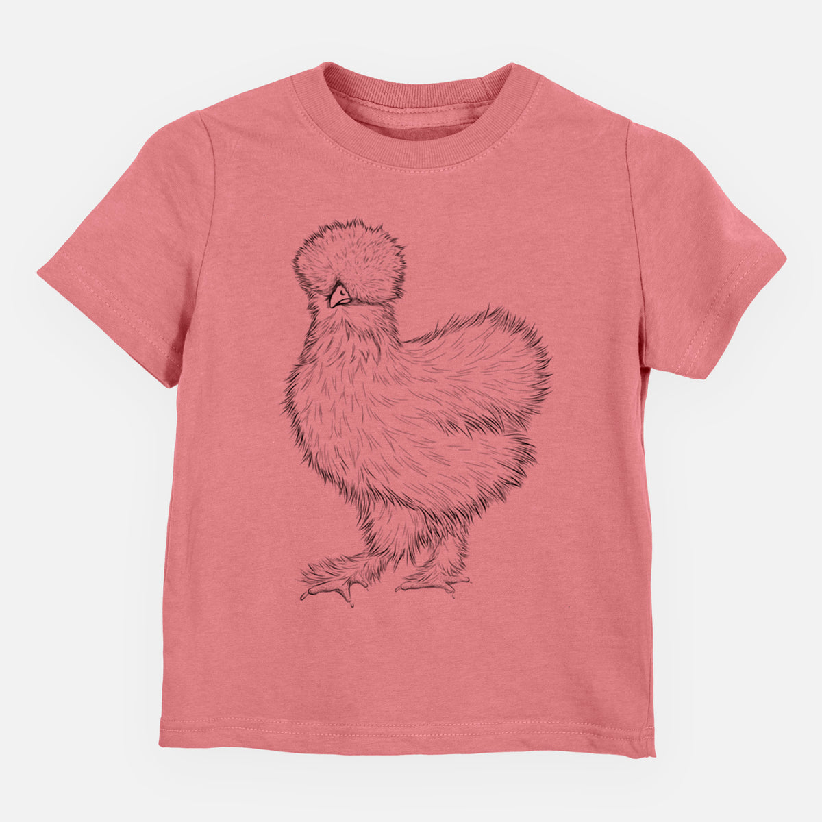 Mauve pink toddler t-shirt laid flat, printed with a black ink illustration of a fluffy silkie chicken.
