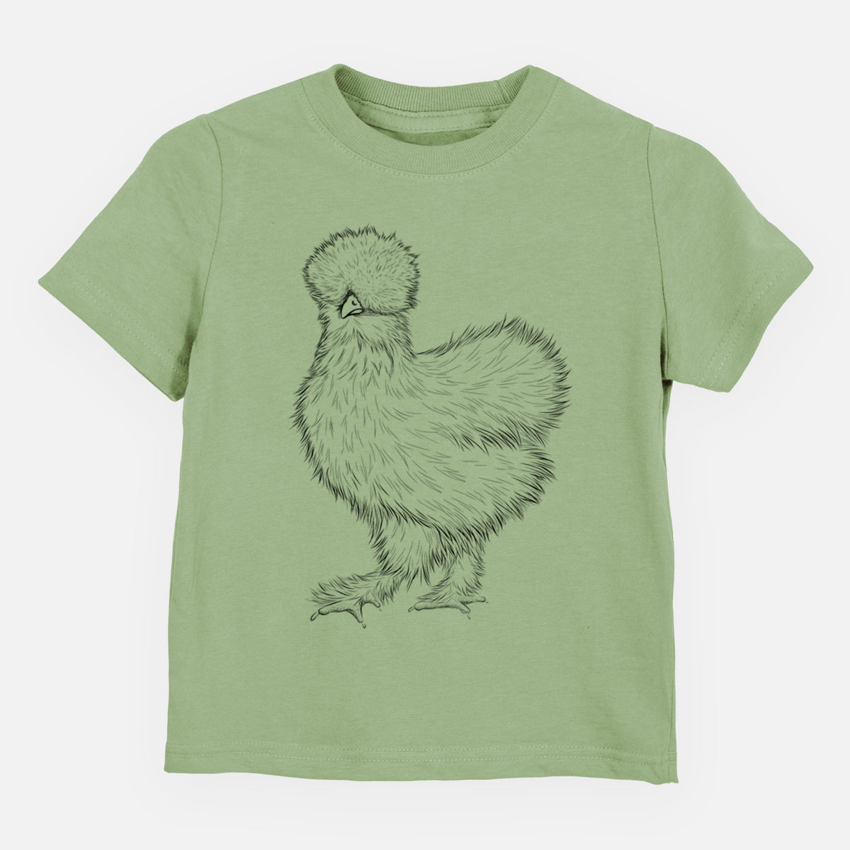 Sage green toddler t-shirt laid flat, printed with a black ink illustration of a fluffy silkie chicken.