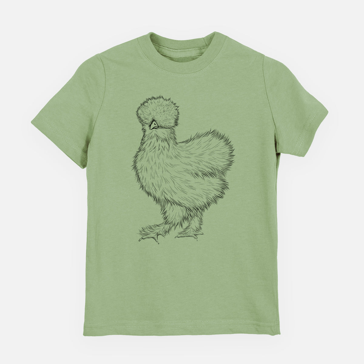 Sage green youth t-shirt laid flat, printed with a black ink illustration of a fluffy silkie chicken.
