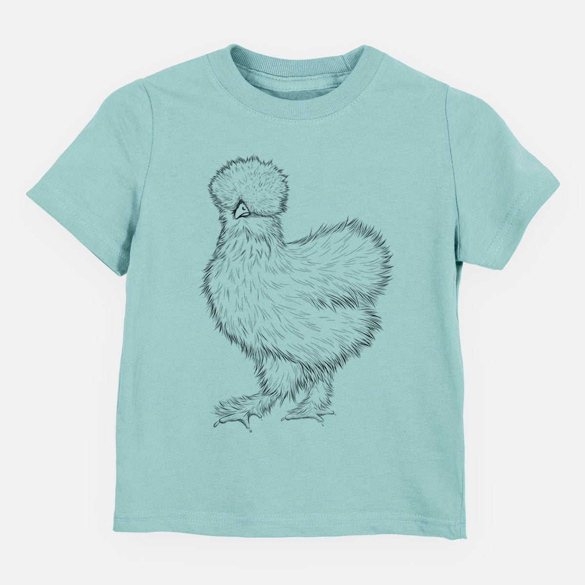 Saltwater toddler t-shirt laid flat, printed with a black ink illustration of a fluffy silkie chicken.