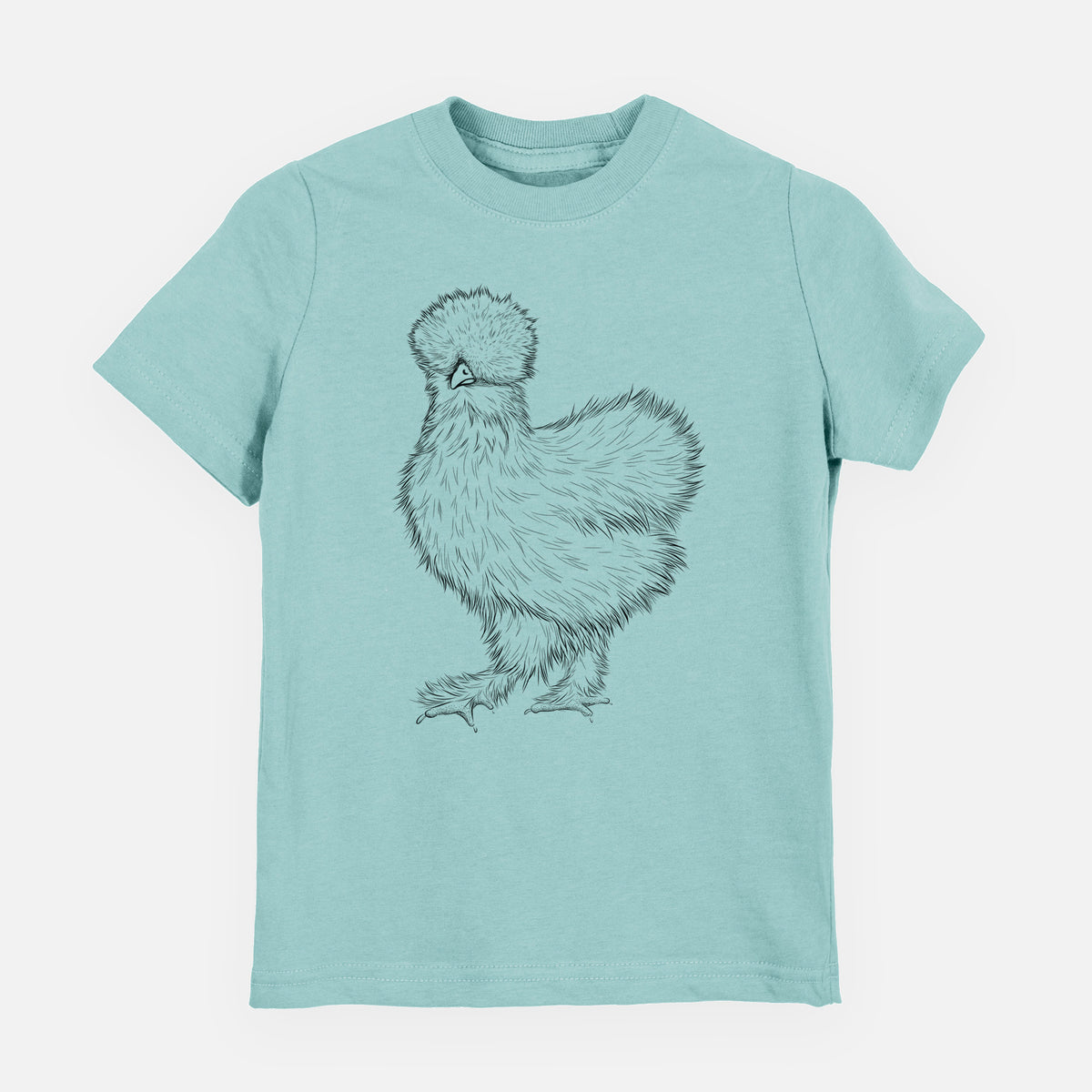 Saltwater youth t-shirt laid flat, printed with a black ink illustration of a fluffy silkie chicken.