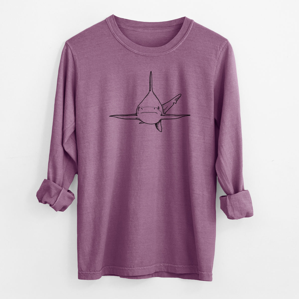 Berry pink Comfort Colors long sleeve shirt laid flat with the cuffs rolled, printed with a black ink illustration of a silvertip shark swimming head-on.