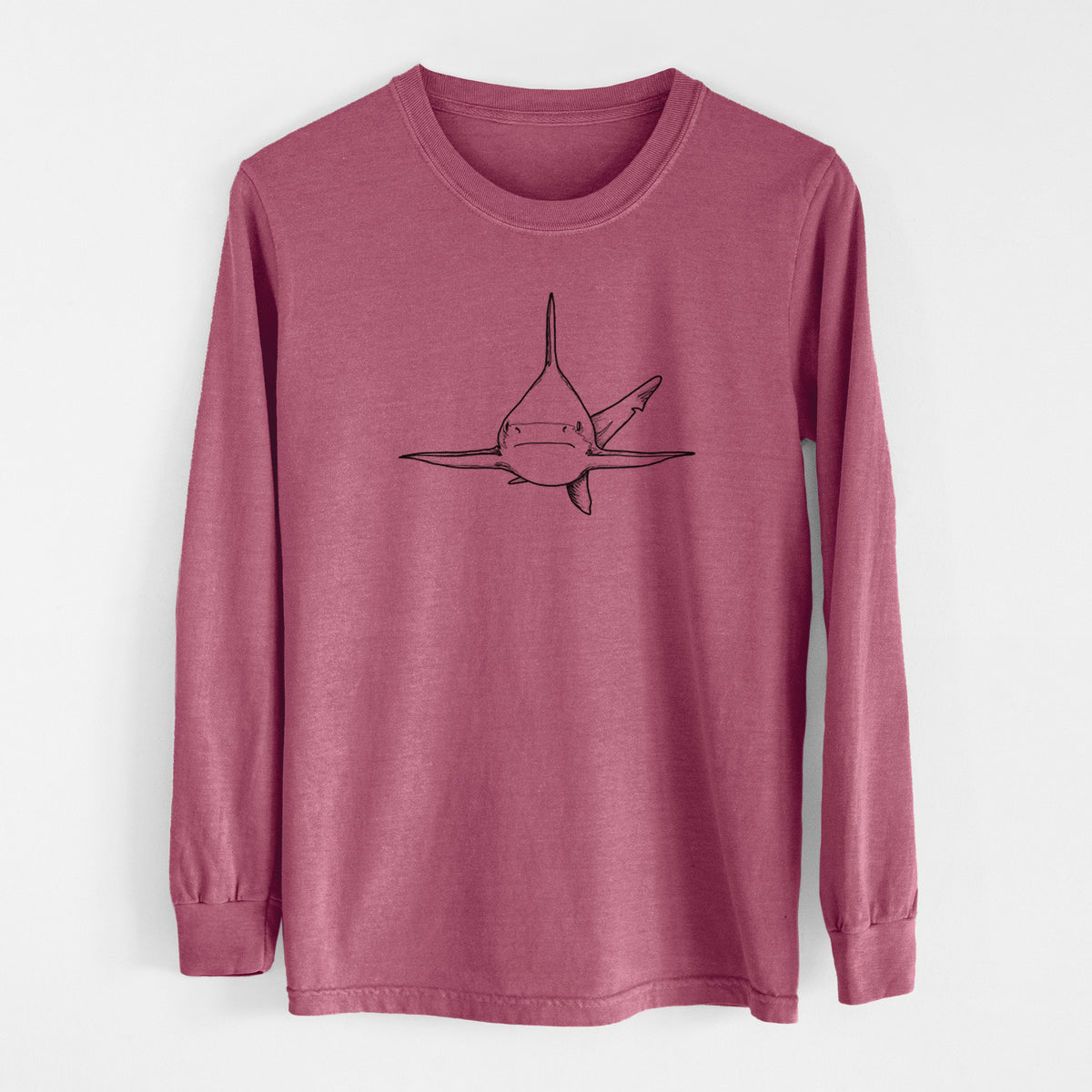 Crimson Comfort Colors long sleeve shirt laid flat, printed with a black ink illustration of a silvertip shark swimming head-on.