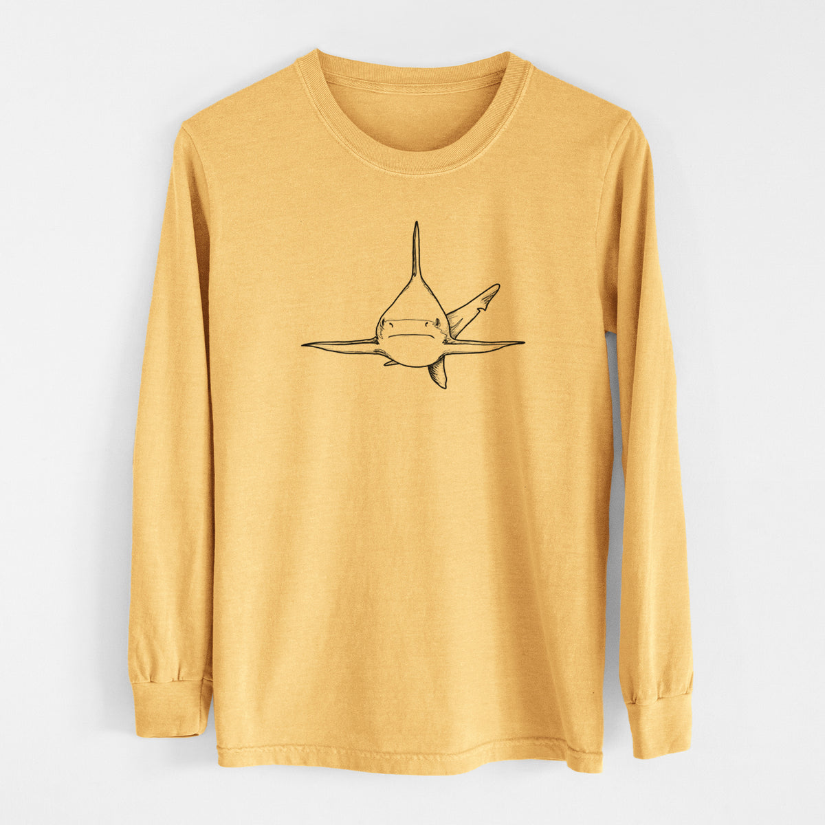 Golden wheat yellow Comfort Colors long sleeve shirt laid flat, printed with a black ink illustration of a silvertip shark swimming head-on.