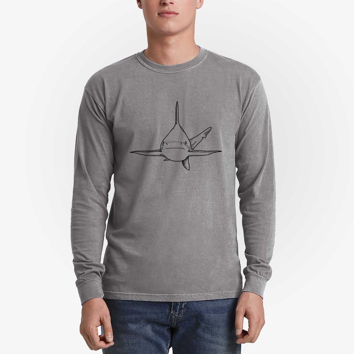Man wearing a grey Comfort Colors long sleeve shirt printed with a black ink illustration of a silvertip shark swimming head-on.