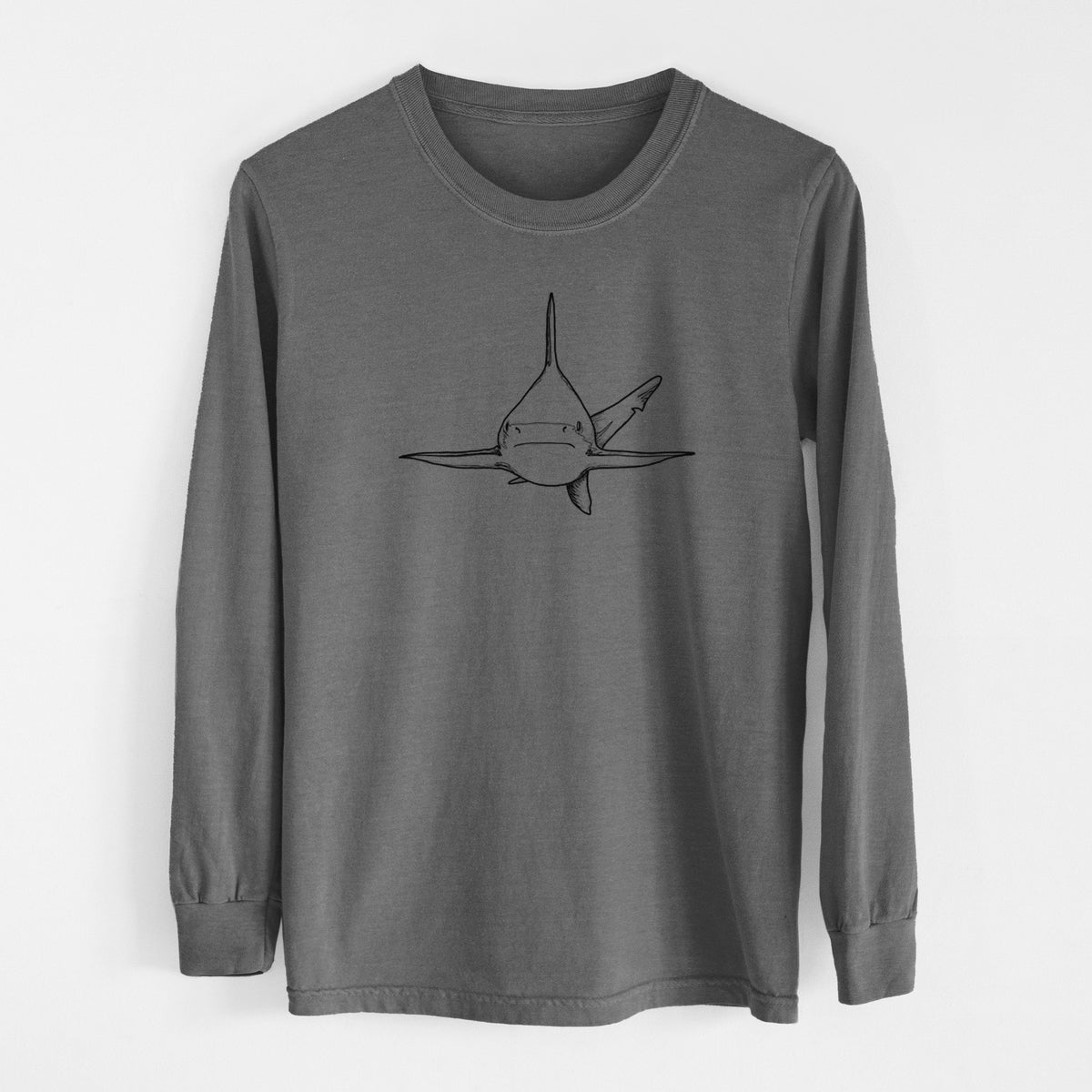 Pepper Comfort Colors long sleeve shirt laid flat, printed with a black ink illustration of a silvertip shark swimming head-on.