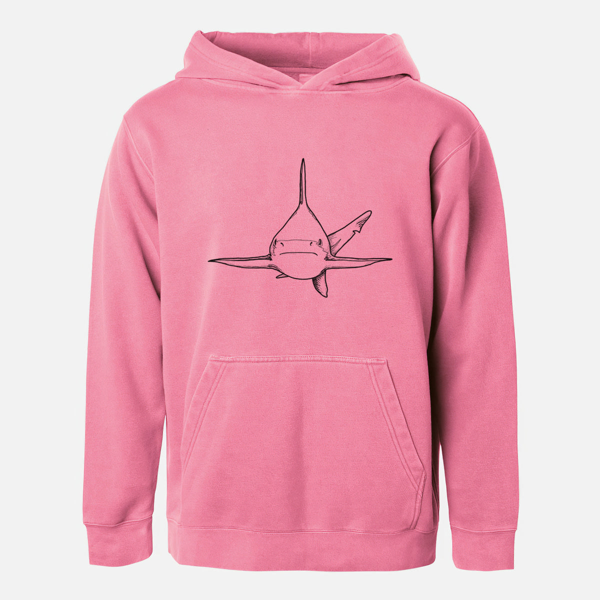 Pigment pink youth pigment dyed hoodie laid flat, printed with a black ink illustration of a silvertip shark swimming head-on.