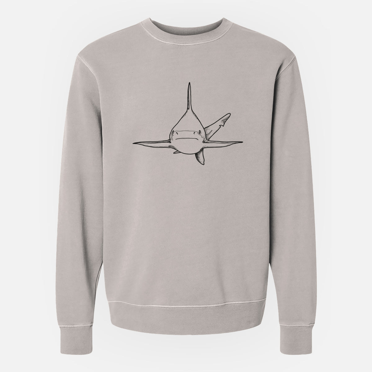 Cement grey pigment dyed crewneck sweatshirt laid flat, printed with a black ink illustration of a silvertip shark swimming head-on.