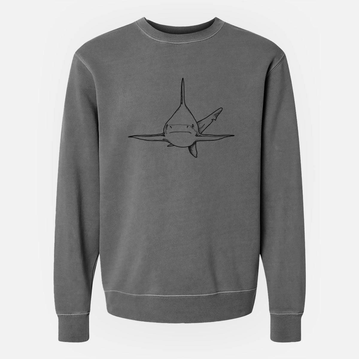 Faded black pigment dyed crewneck sweatshirt laid flat, printed with a black ink illustration of a silvertip shark swimming head-on.
