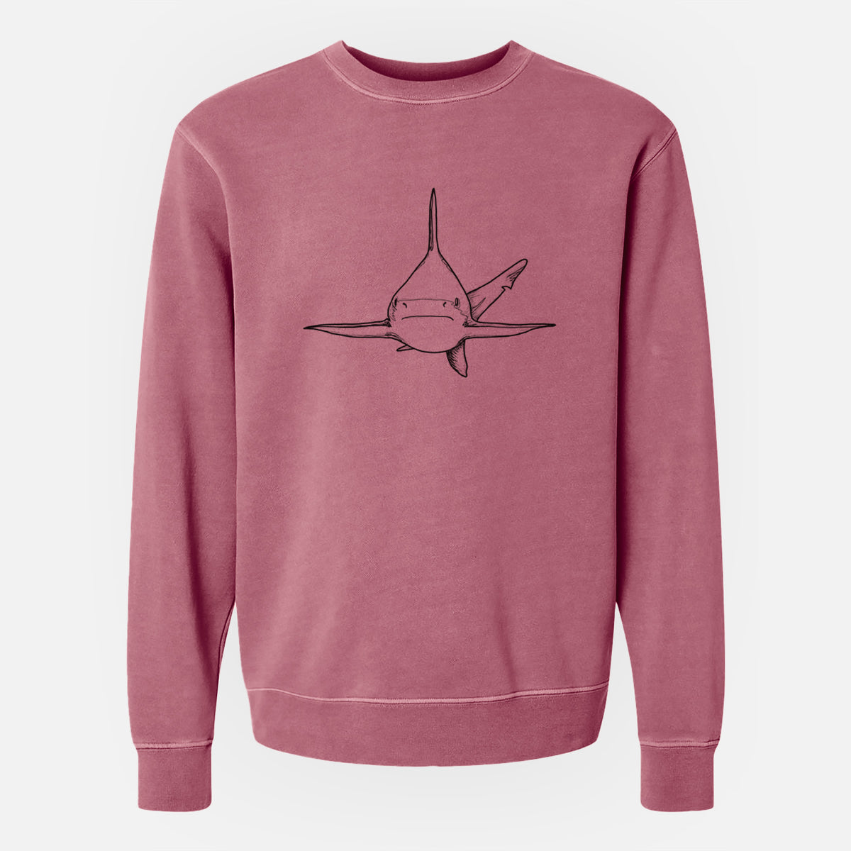 Maroon pigment dyed crewneck sweatshirt laid flat, printed with a black ink illustration of a silvertip shark swimming head-on.