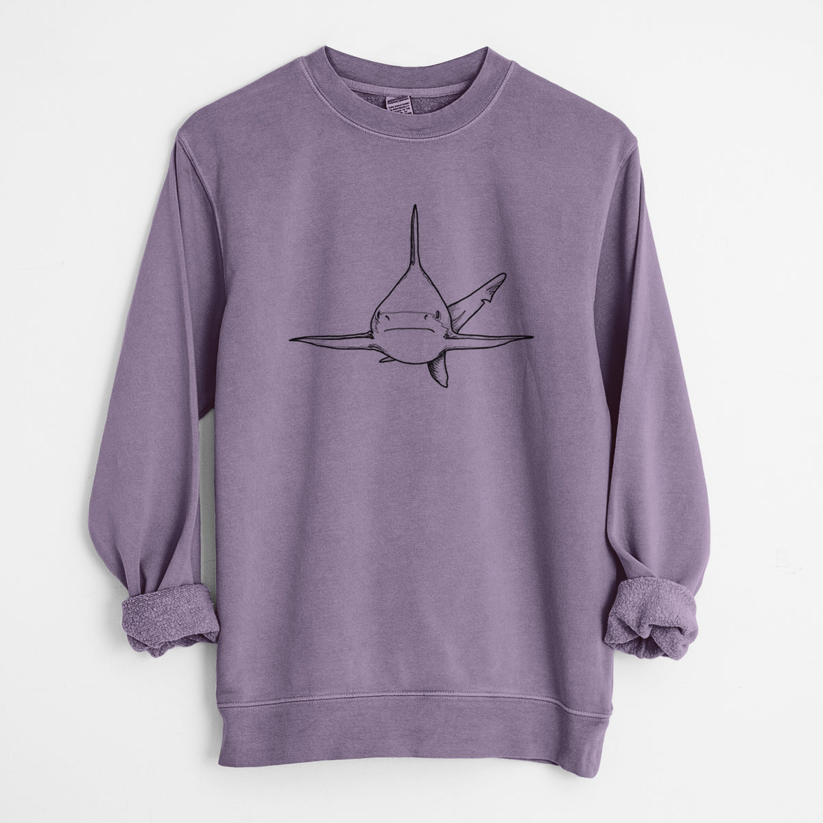 Plum purple pigment dyed crewneck sweatshirt laid flat with the sleeves rolled, printed with a black ink illustration of a silvertip shark swimming head-on.