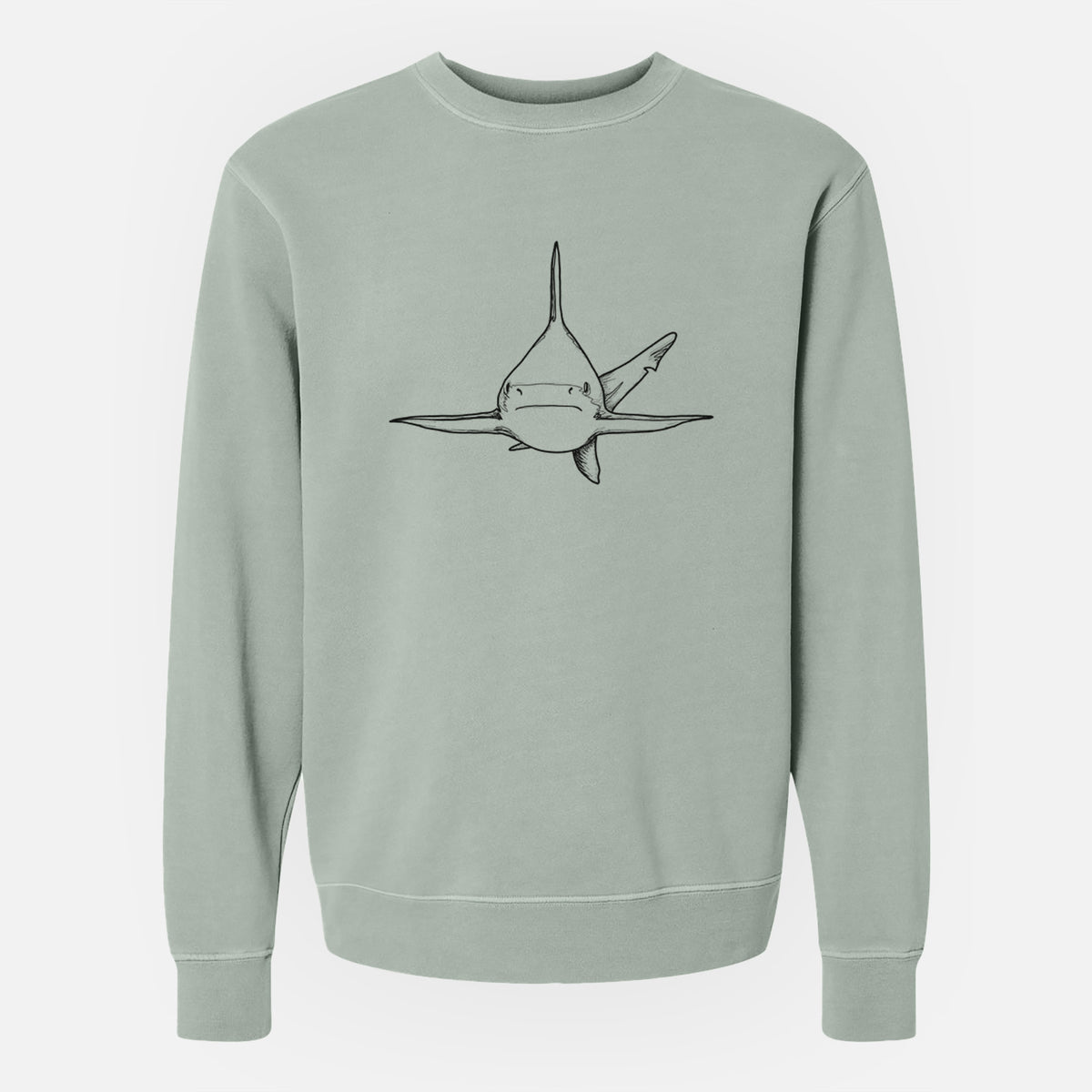 Sage green pigment dyed crewneck sweatshirt laid flat, printed with a black ink illustration of a silvertip shark swimming head-on.