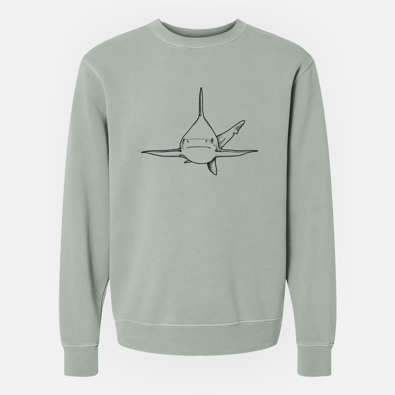 Sage green pigment dyed crewneck sweatshirt laid flat, printed with a black ink illustration of a silvertip shark swimming head-on.