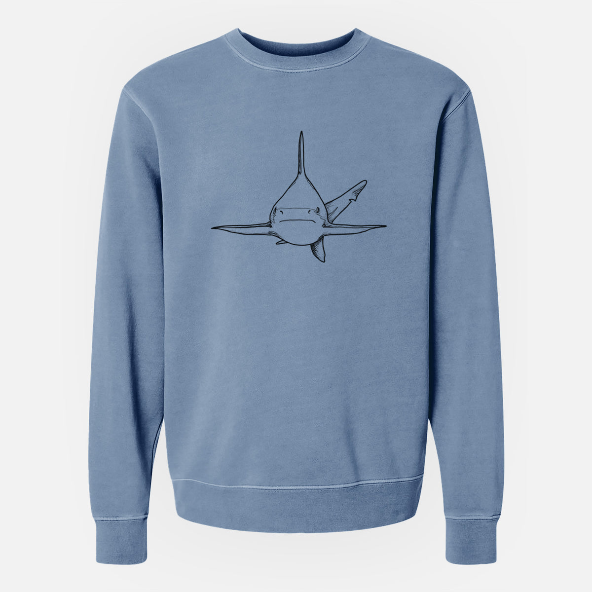 Slate blue pigment dyed crewneck sweatshirt laid flat, printed with a black ink illustration of a silvertip shark swimming head-on.