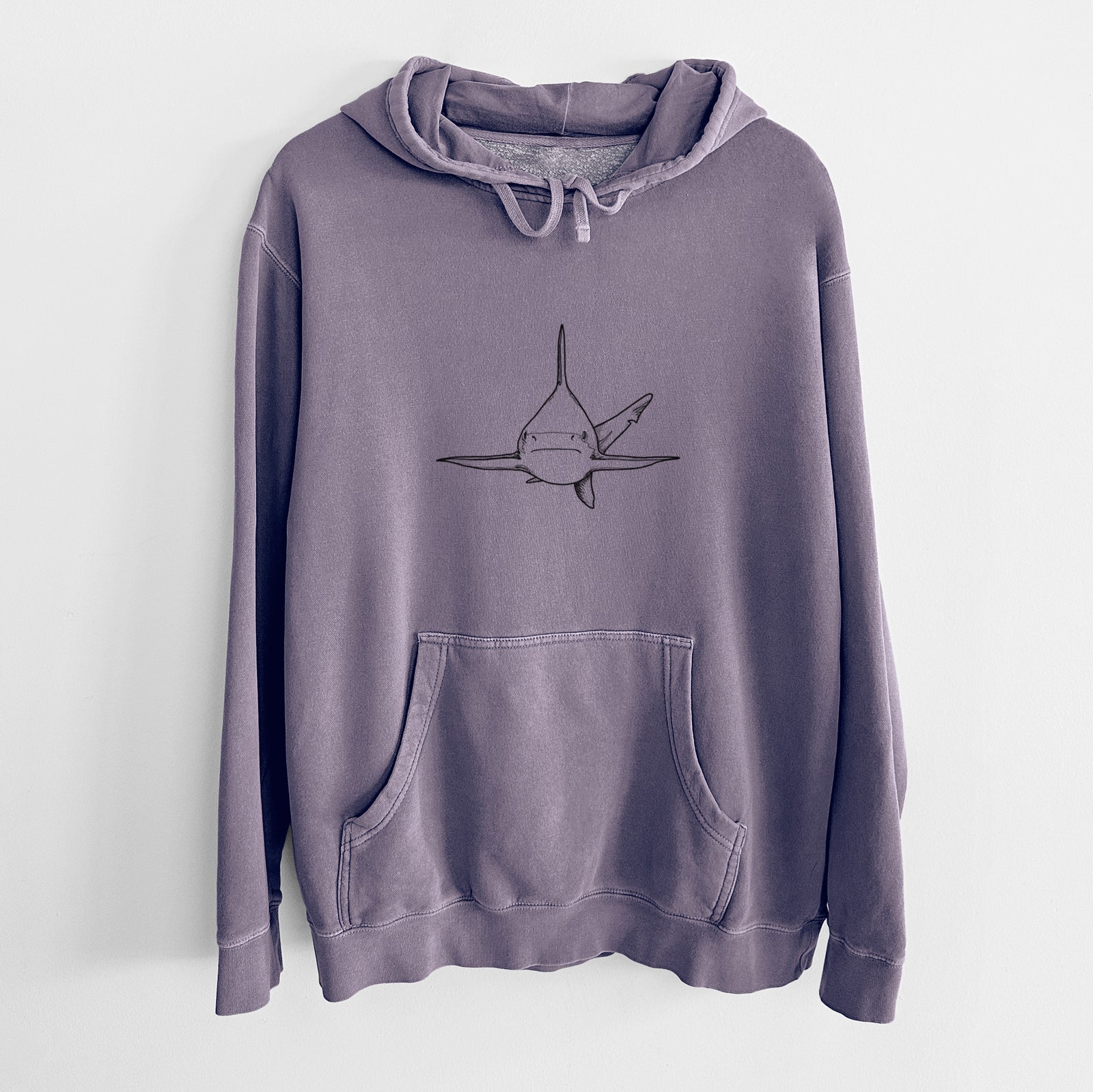 Plum purple pigment dyed hoodie laid flat, printed with a black ink illustration of a silvertip shark swimming head-on.