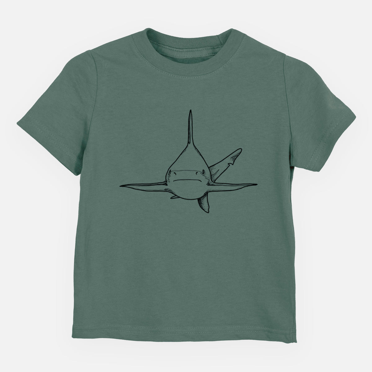 Basil green toddler t-shirt laid flat, printed with a black ink illustration of a silvertip shark swimming head-on.