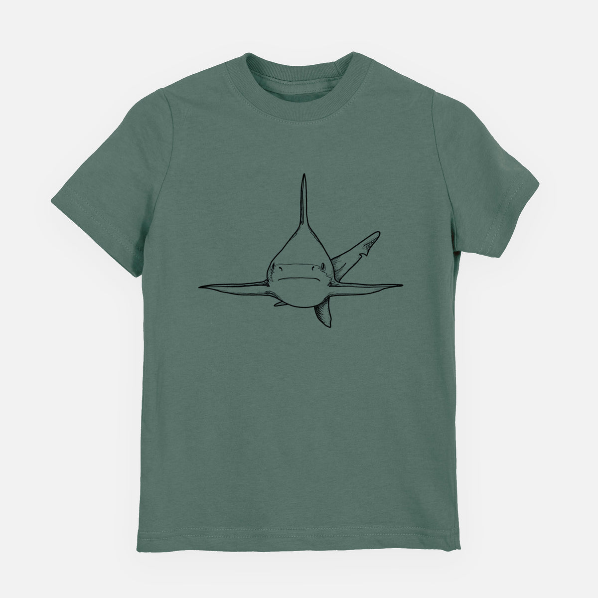 Basil green youth t-shirt laid flat, printed with a black ink illustration of a silvertip shark swimming head-on.