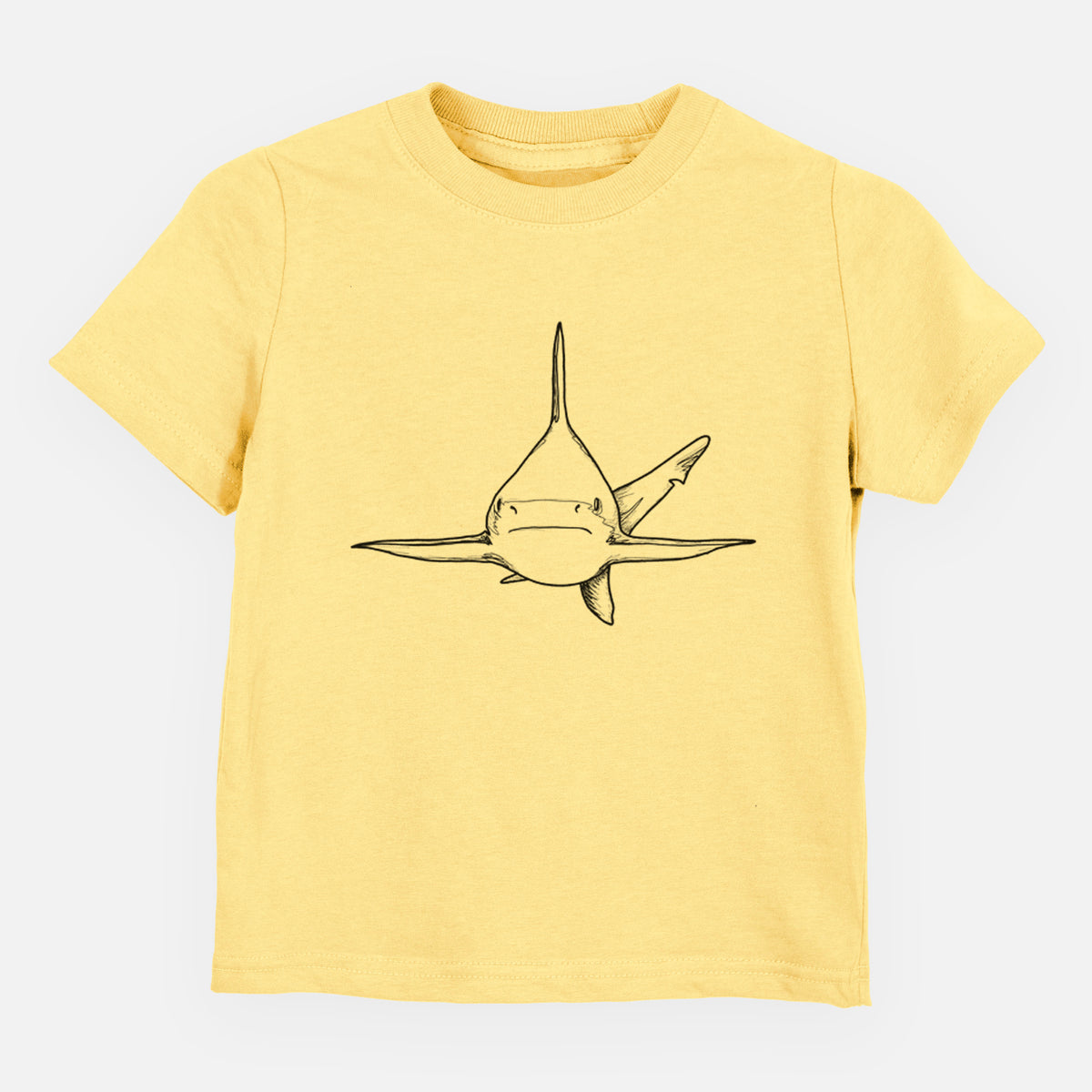 Butter yellow toddler t-shirt laid flat, printed with a black ink illustration of a silvertip shark swimming head-on.