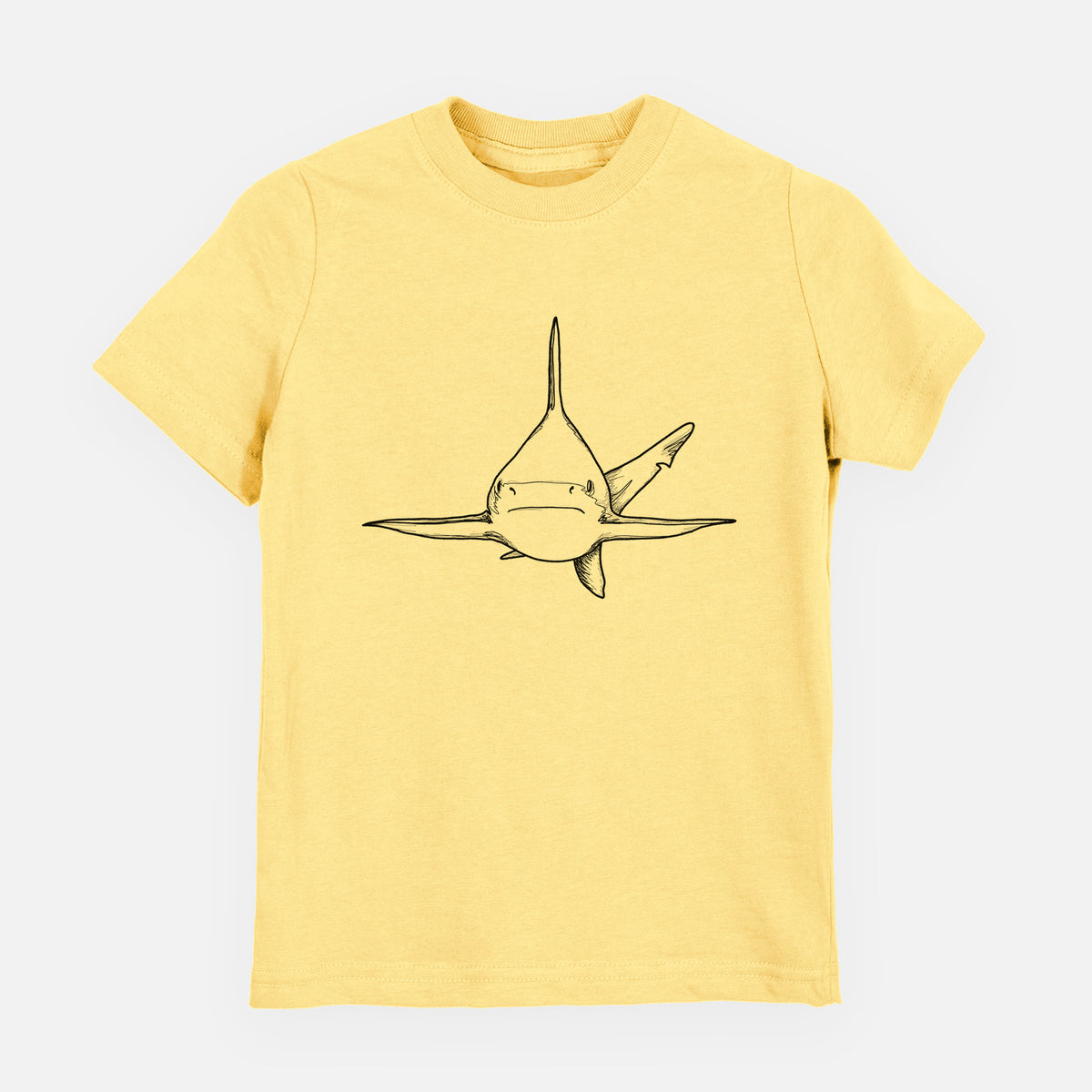 Butter yellow youth t-shirt laid flat, printed with a black ink illustration of a silvertip shark swimming head-on.