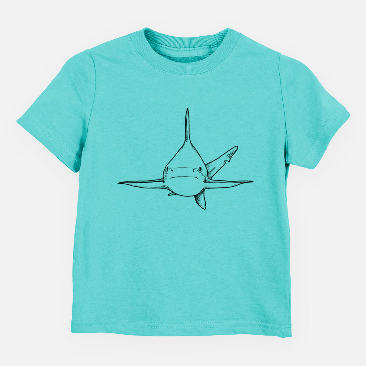 Caribbean blue toddler t-shirt laid flat, printed with a black ink illustration of a silvertip shark swimming head-on.
