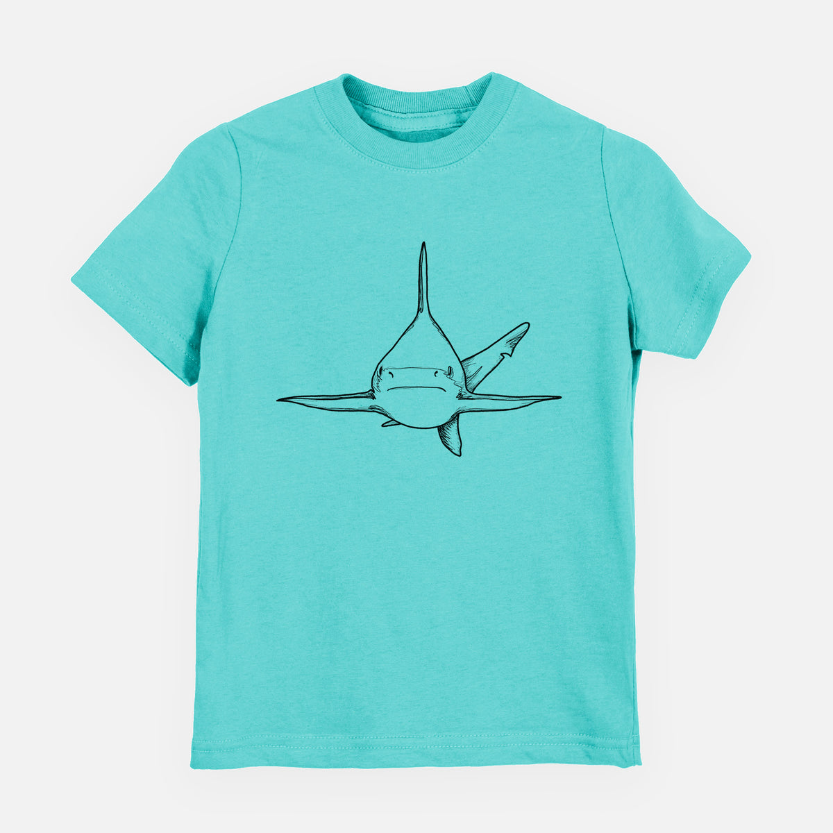 Caribbean blue youth t-shirt laid flat, printed with a black ink illustration of a silvertip shark swimming head-on.