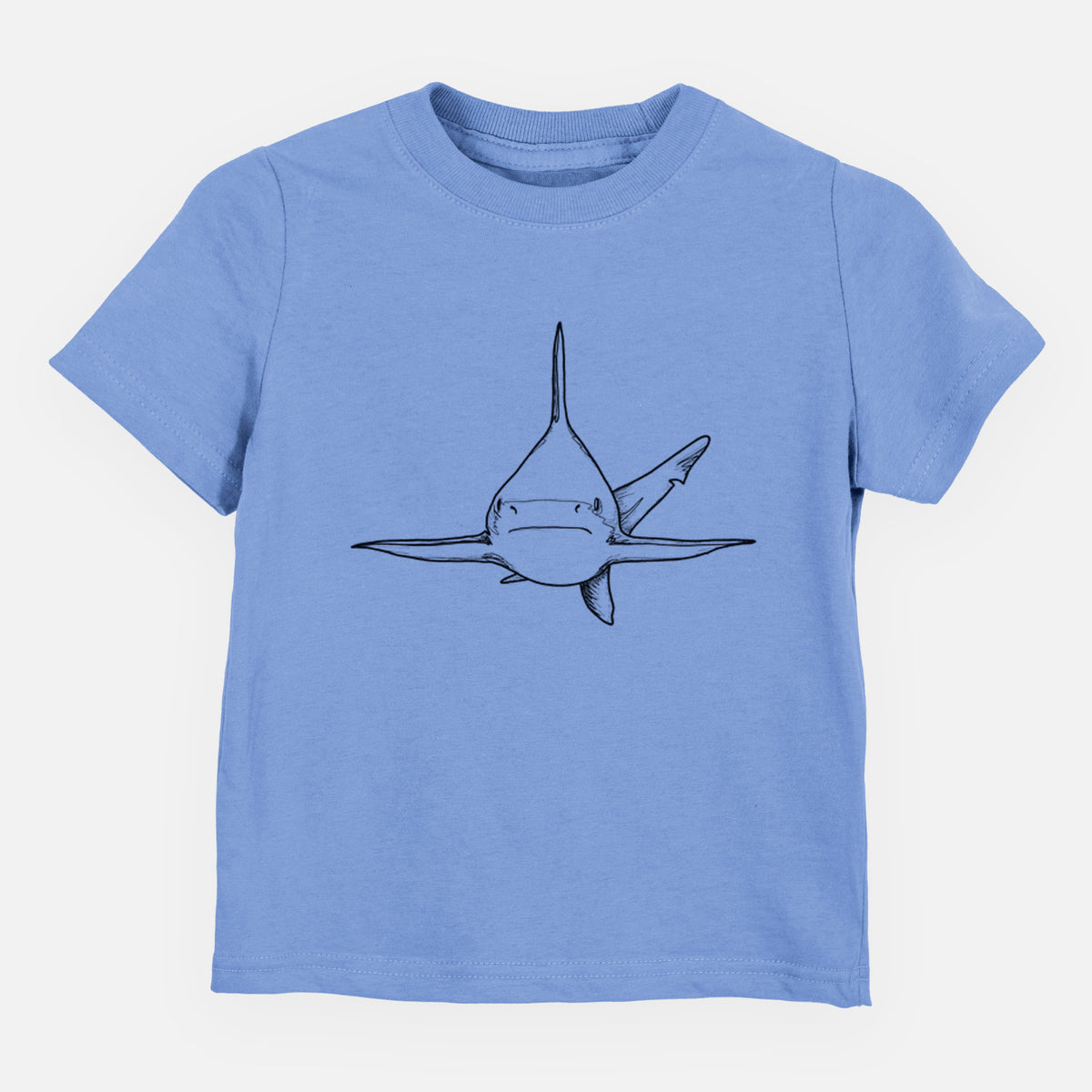 Carolina blue toddler t-shirt laid flat, printed with a black ink illustration of a silvertip shark swimming head-on.