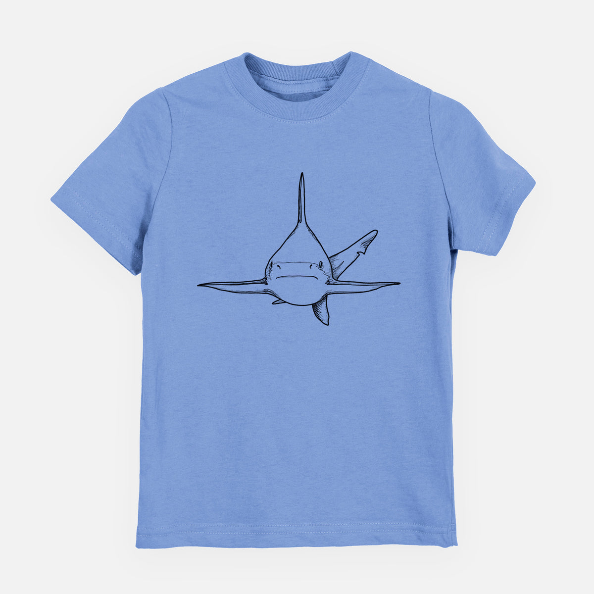 Carolina blue youth t-shirt laid flat, printed with a black ink illustration of a silvertip shark swimming head-on.