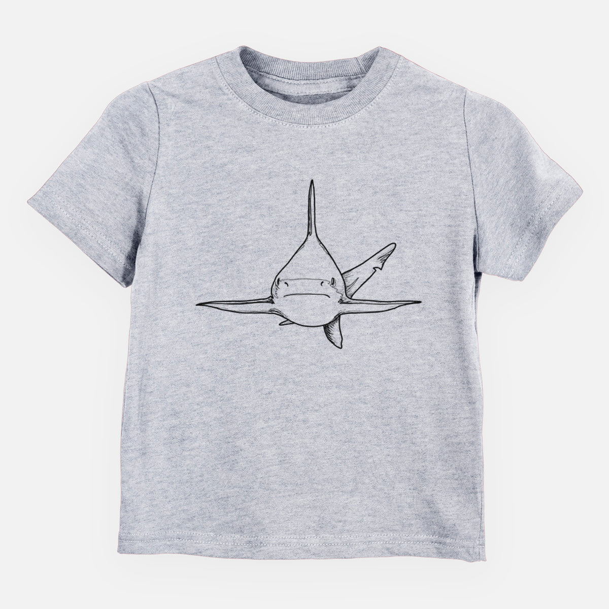 Heather grey toddler t-shirt laid flat, printed with a black ink illustration of a silvertip shark swimming head-on.