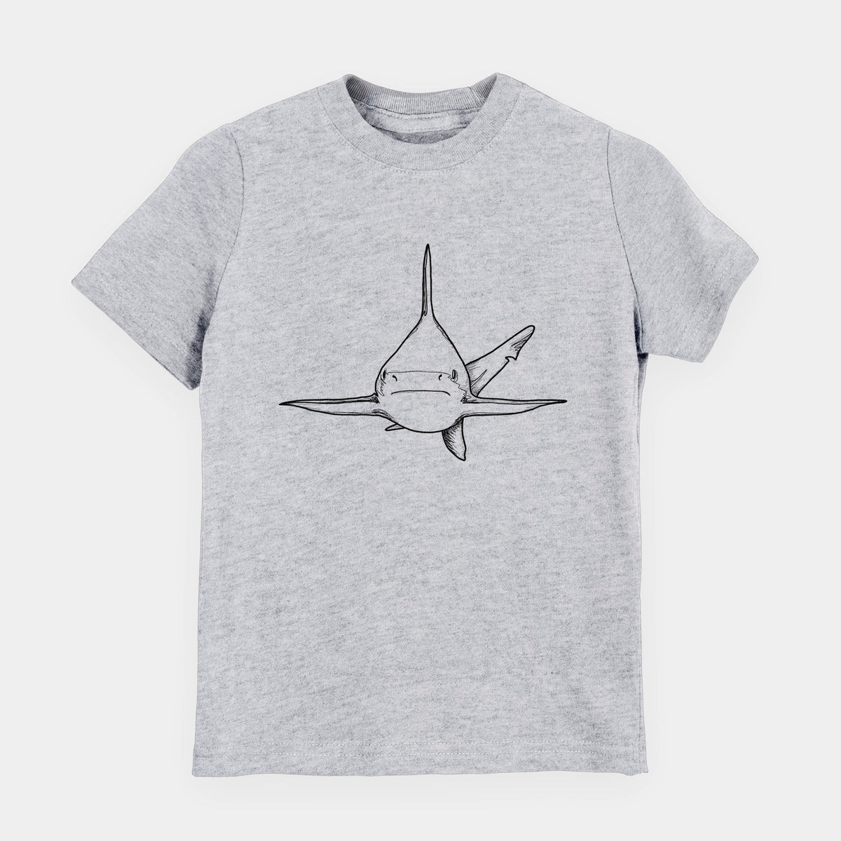 Heather grey youth t-shirt laid flat, printed with a black ink illustration of a silvertip shark swimming head-on.
