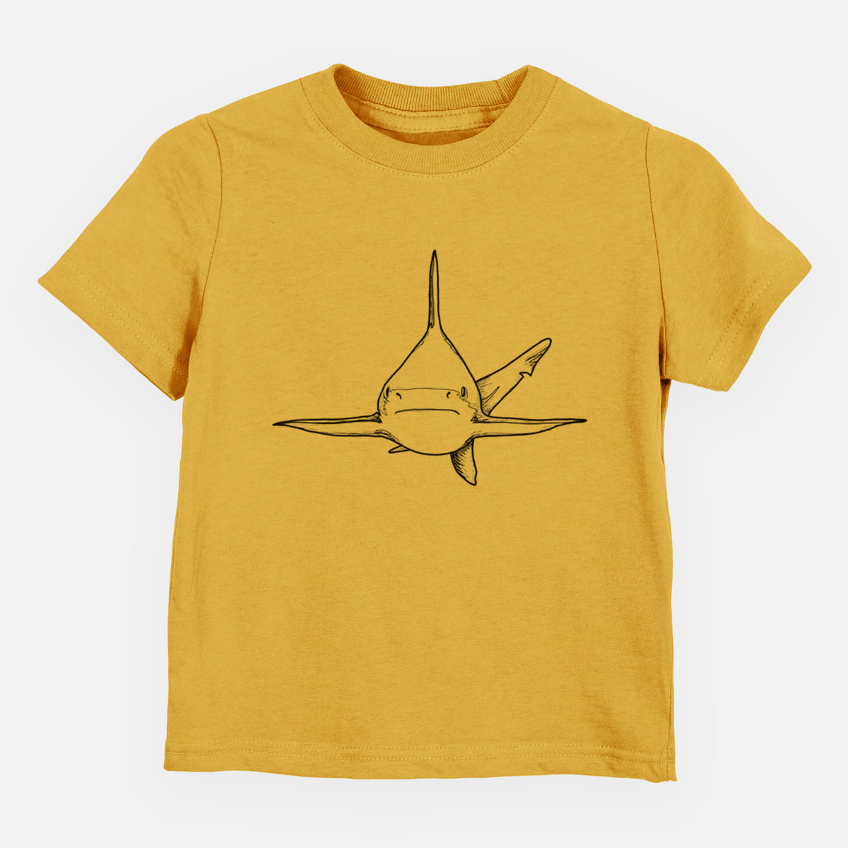 Honeycomb yellow toddler t-shirt laid flat, printed with a black ink illustration of a silvertip shark swimming head-on.