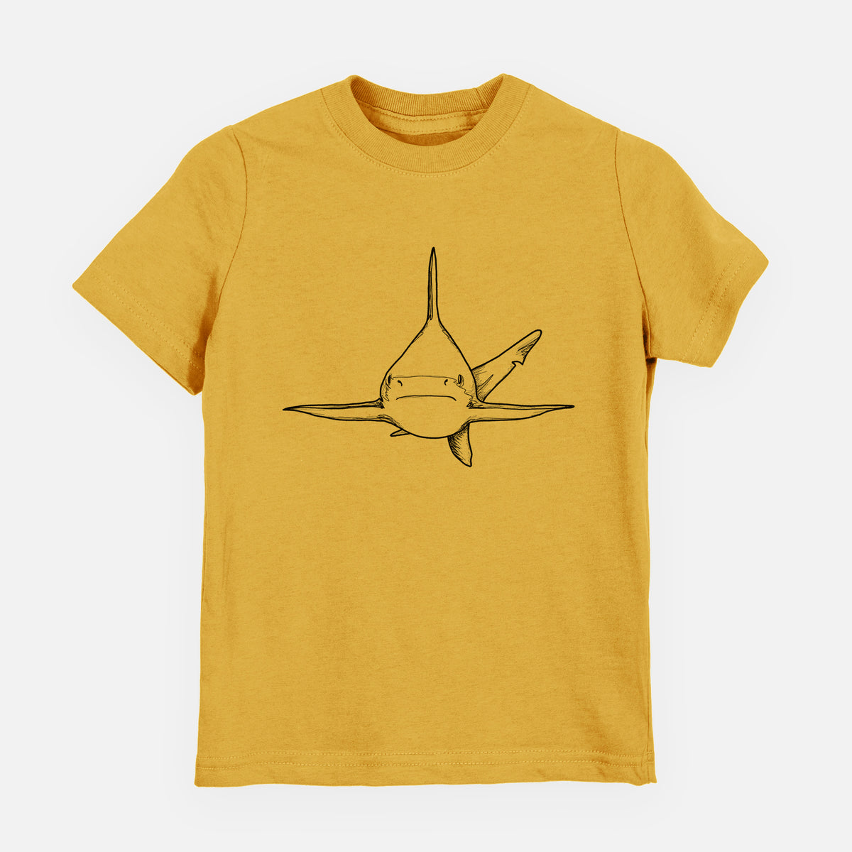 Honeycomb yellow youth t-shirt laid flat, printed with a black ink illustration of a silvertip shark swimming head-on.