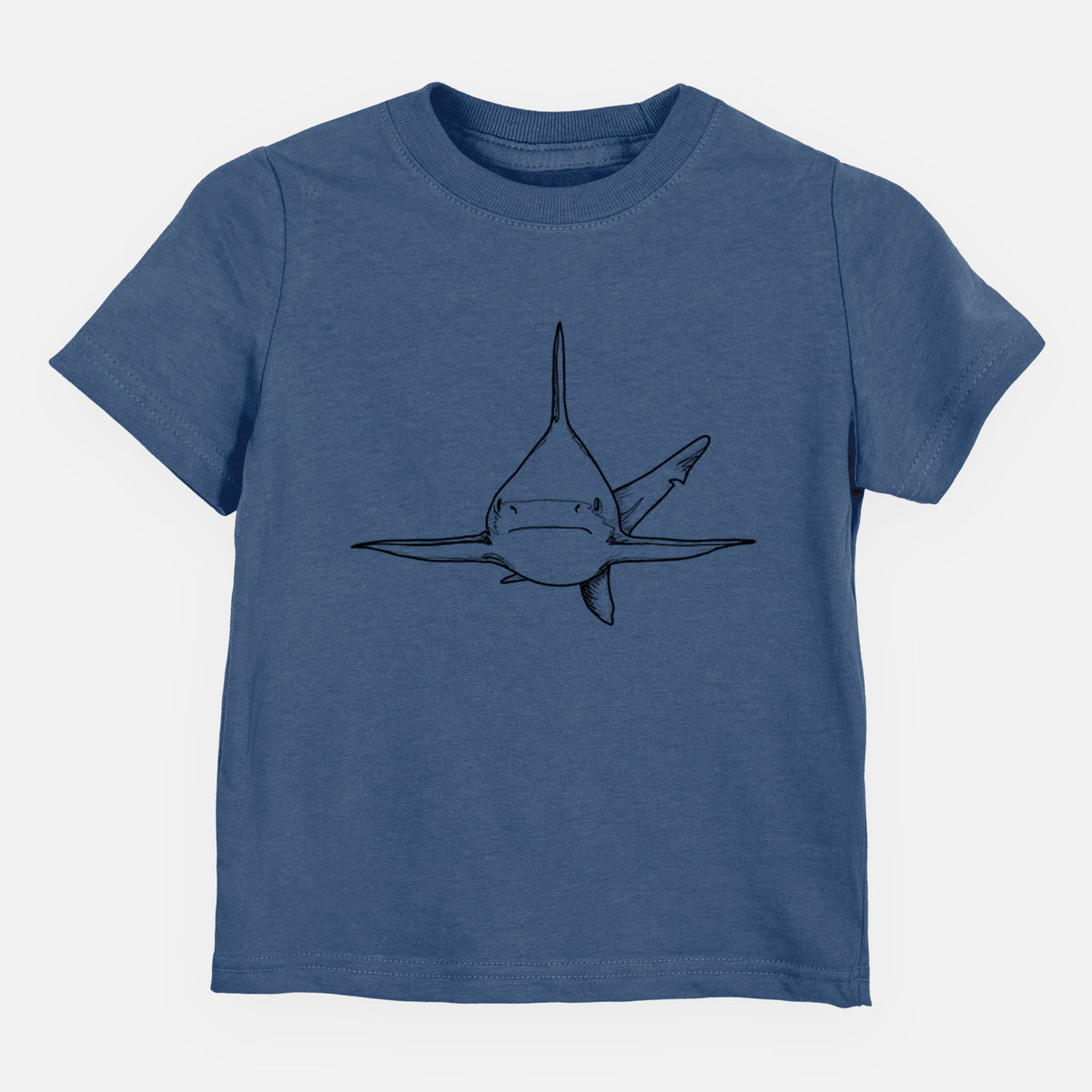 Indigo blue toddler t-shirt laid flat, printed with a black ink illustration of a silvertip shark swimming head-on.