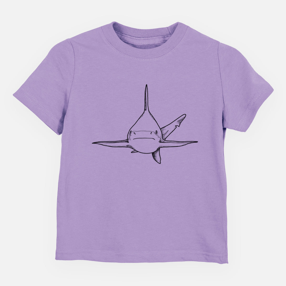 Lavender toddler t-shirt laid flat, printed with a black ink illustration of a silvertip shark swimming head-on.