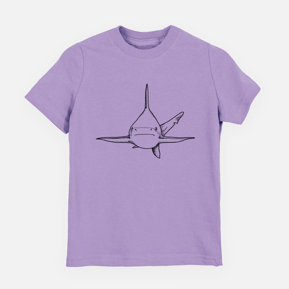 Lavender youth t-shirt laid flat, printed with a black ink illustration of a silvertip shark swimming head-on.
