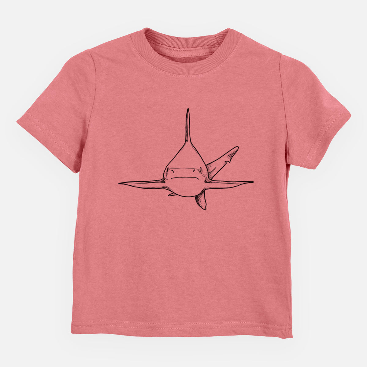 Mauve pink toddler t-shirt laid flat, printed with a black ink illustration of a silvertip shark swimming head-on.