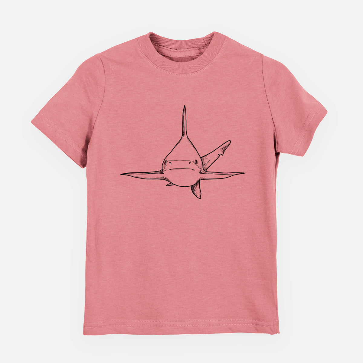 Mauve pink youth t-shirt laid flat, printed with a black ink illustration of a silvertip shark swimming head-on.