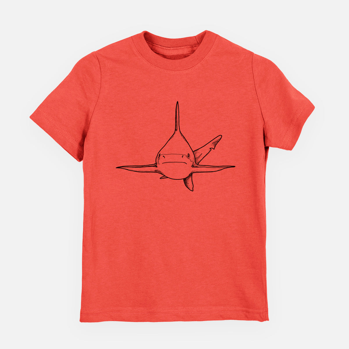 Passionfruit pink youth t-shirt laid flat, printed with a black ink illustration of a silvertip shark swimming head-on.