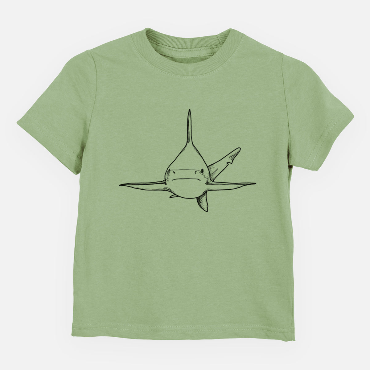 Sage green toddler t-shirt laid flat, printed with a black ink illustration of a silvertip shark swimming head-on.
