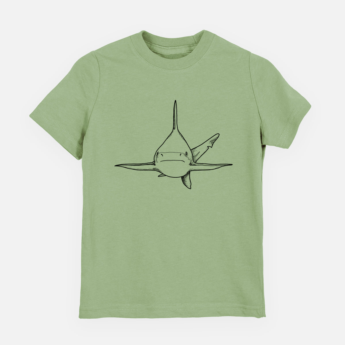 Sage green youth t-shirt laid flat, printed with a black ink illustration of a silvertip shark swimming head-on.