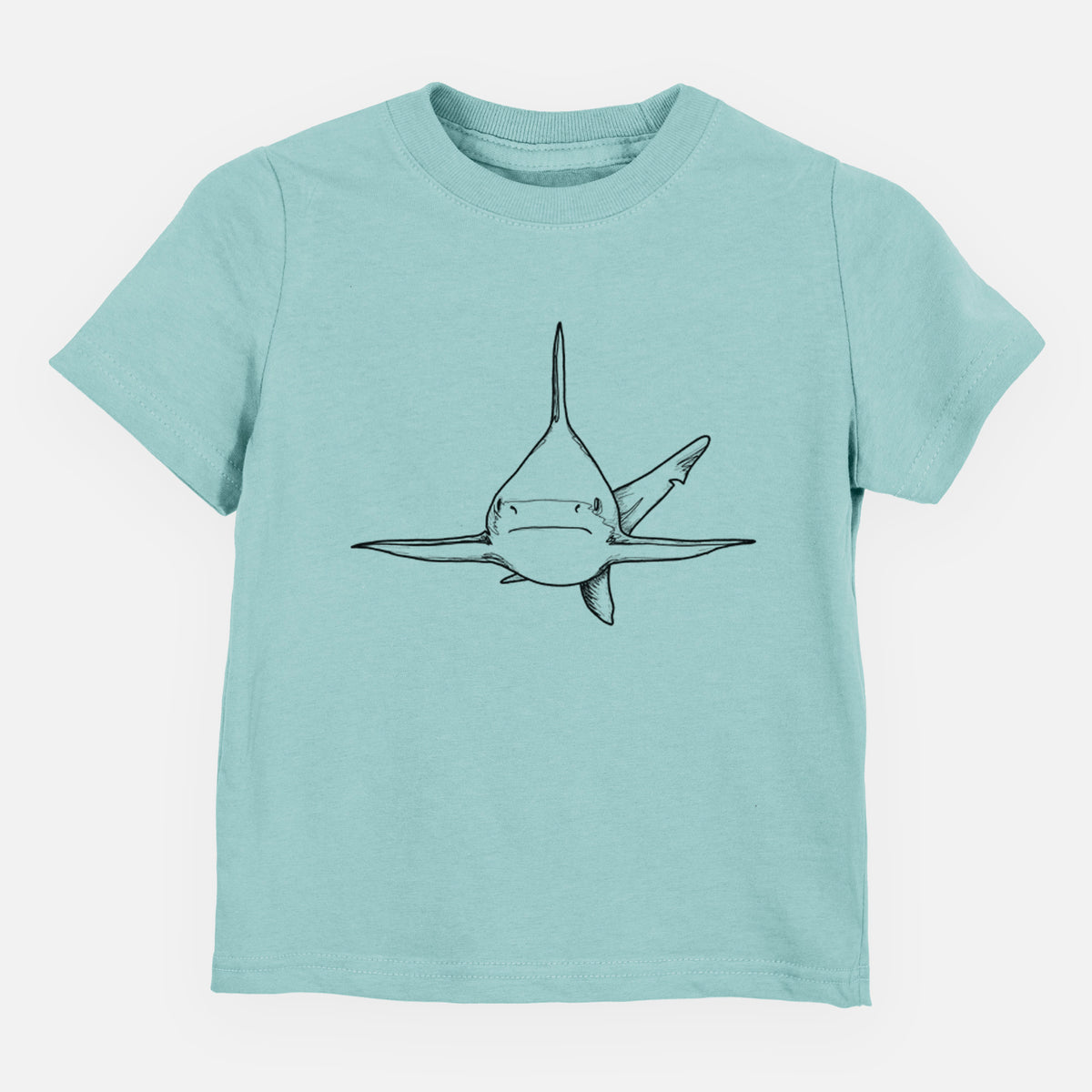 Saltwater toddler t-shirt laid flat, printed with a black ink illustration of a silvertip shark swimming head-on.