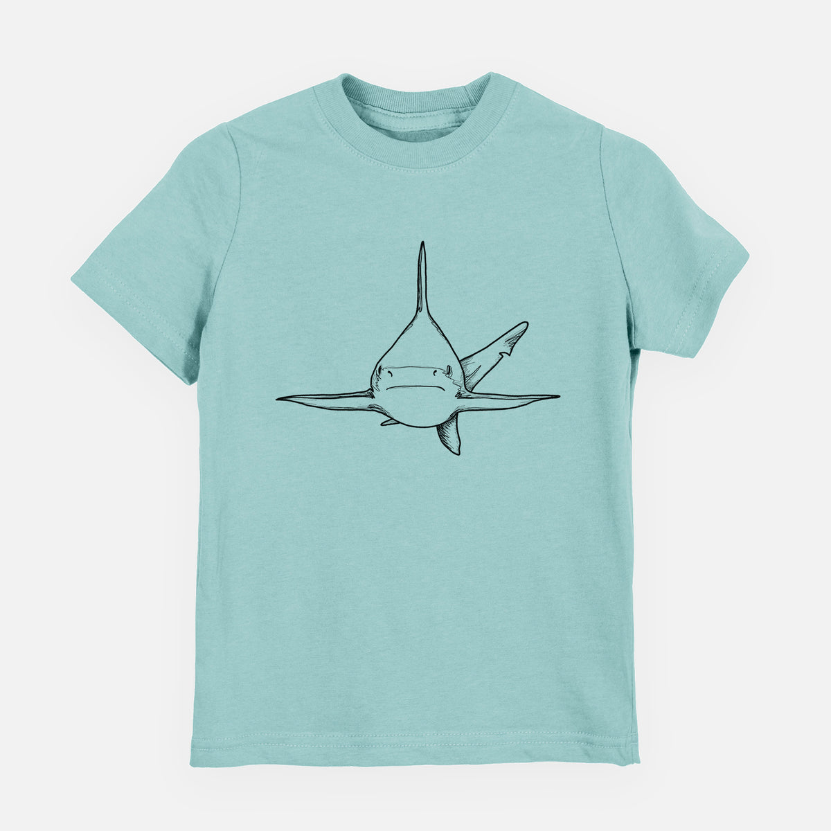 Saltwater youth t-shirt laid flat, printed with a black ink illustration of a silvertip shark swimming head-on.