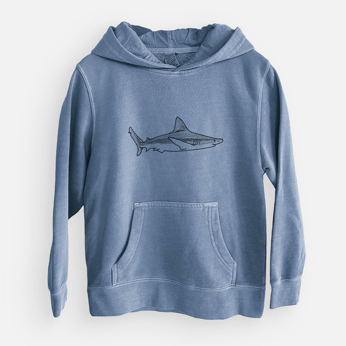Slate blue youth pigment dyed hoodie laid flat, printed with a black ink illustration of a silvertip shark swimming in profile.