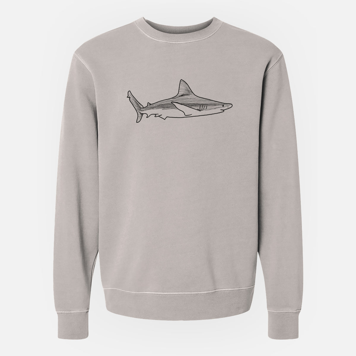 Cement grey pigment dyed crewneck sweatshirt laid flat, printed with a black ink illustration of a silvertip shark swimming in profile.