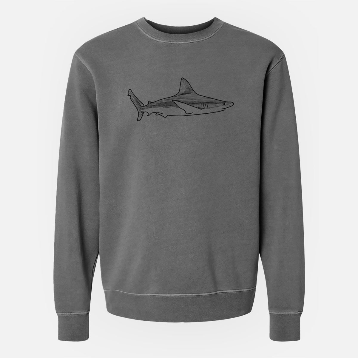 Faded black pigment dyed crewneck sweatshirt laid flat, printed with a black ink illustration of a silvertip shark swimming in profile.