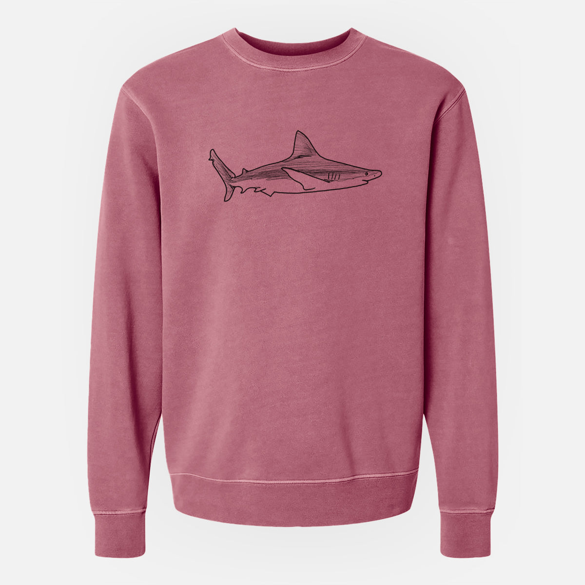 Maroon pigment dyed crewneck sweatshirt laid flat, printed with a black ink illustration of a silvertip shark swimming in profile.
